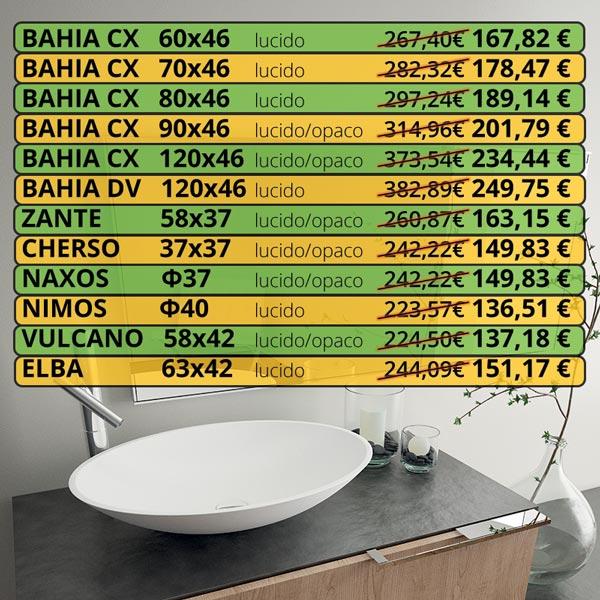 Countertop and suspended washbasins on offer