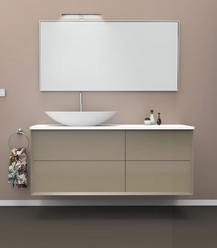Mobile bagno sospeso moderno con 2 + 2 cassettoni con lavabo in appoggio a sinistra