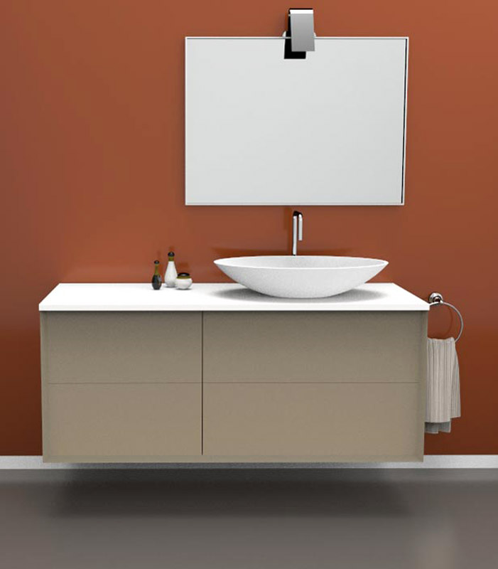 Mobile bagno sospeso moderno con 2 + 2 cassettoni con lavabo in appoggio a destra