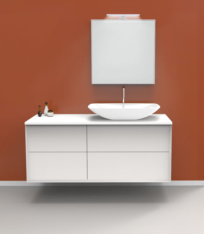 Mobile bagno sospeso moderno con 2 + 2 cassettoni con lavabo in appoggio a destra