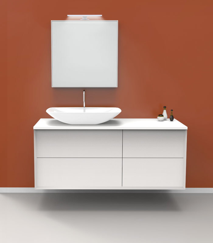 Mobile bagno sospeso moderno con 2 + 2 cassettoni con lavabo in appoggio a sinistra