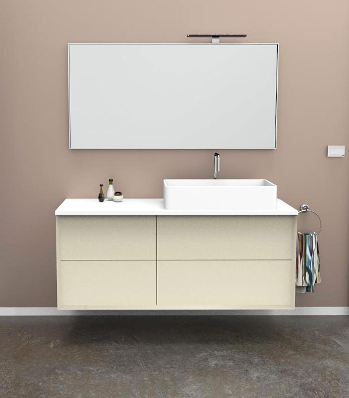 Mobile bagno sospeso moderno con 2 + 2 cassettoni con lavabo in appoggio a destra