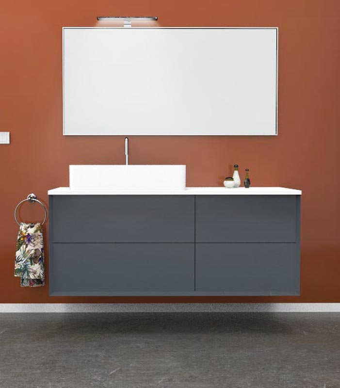 Mobile bagno sospeso moderno con 2 + 2 cassettoni con lavabo in appoggio a sinistra