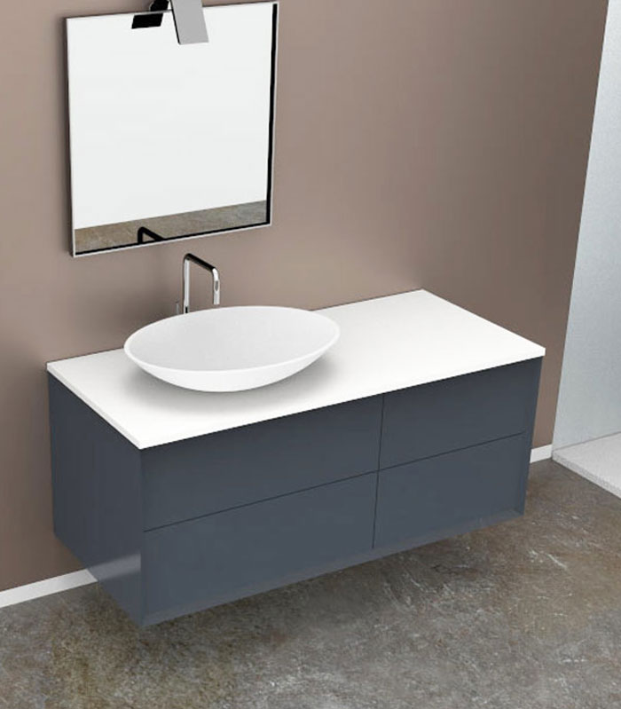 Mobile bagno sospeso moderno con 2 + 2 cassettoni con lavabo in appoggio a sinistra