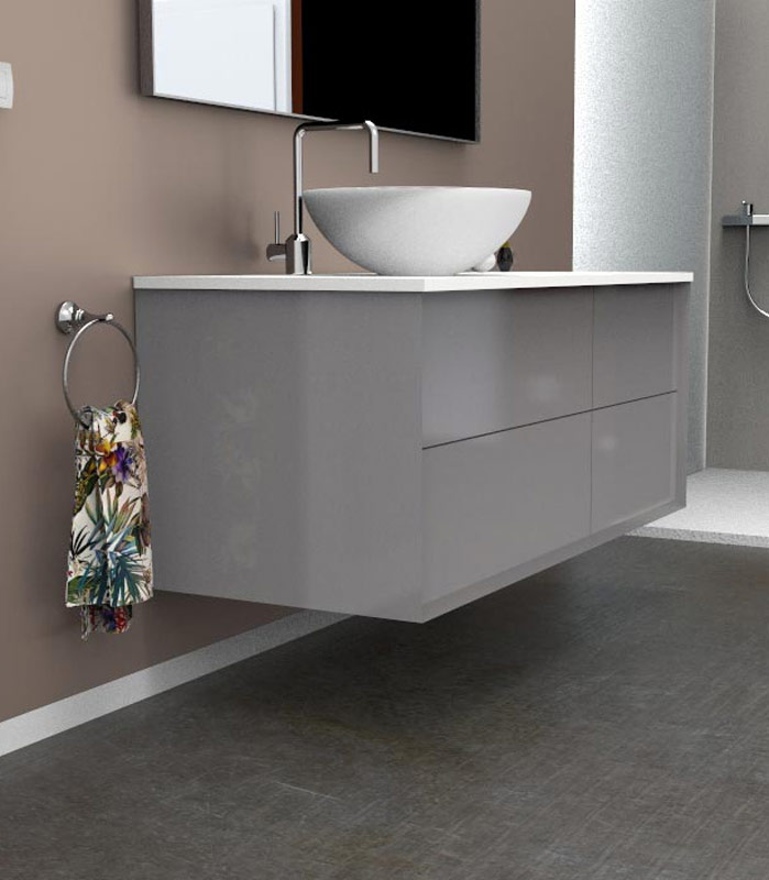Mobile bagno sospeso moderno con 2 + 2 cassettoni con lavabo in appoggio a sinistra