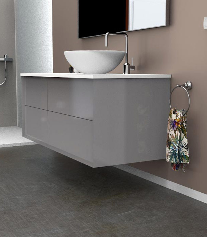 Mobile bagno sospeso moderno con 2 + 2 cassettoni con lavabo in appoggio a destra