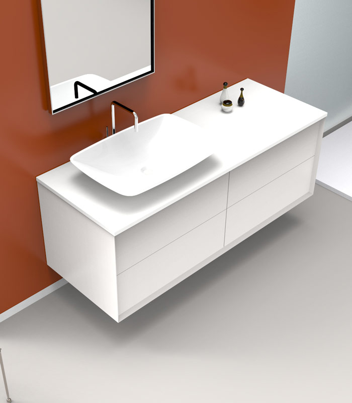 Mobile bagno sospeso moderno con 2 + 2 cassettoni con lavabo in appoggio a destra