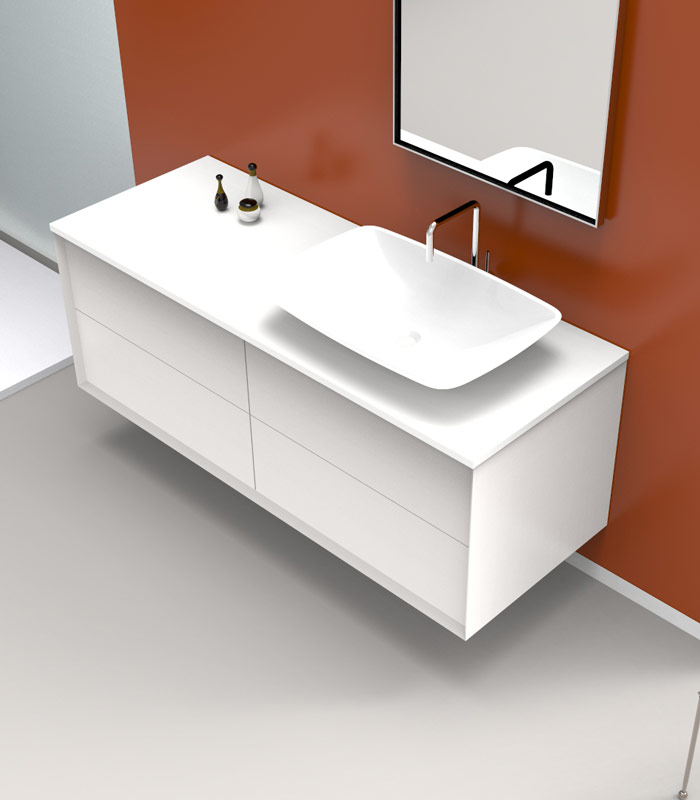Mobile bagno sospeso moderno con 2 + 2 cassettoni con lavabo in appoggio a sinistra