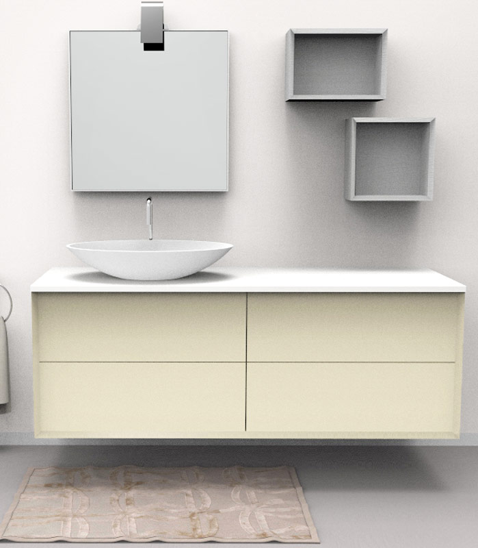 Mobile bagno sospeso moderno con 2 + 2 cassettoni con lavabo in appoggio a sinistra