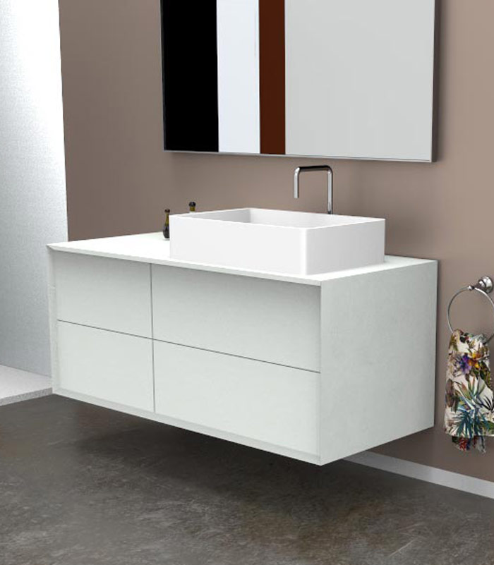 Mobile bagno sospeso moderno con 2 + 2 cassettoni con lavabo in appoggio a destra