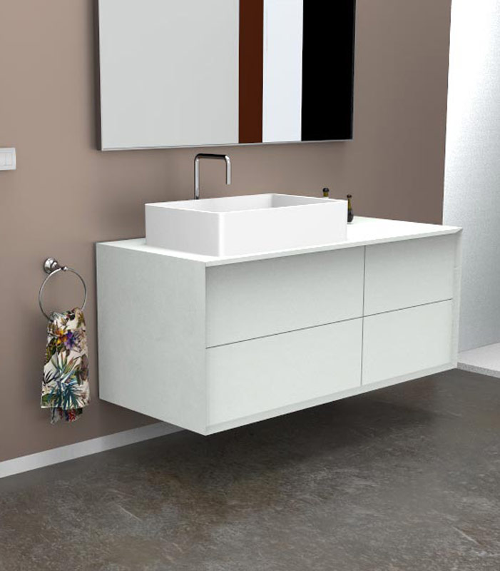 Mobile bagno sospeso moderno con 2 + 2 cassettoni con lavabo in appoggio a sinistra