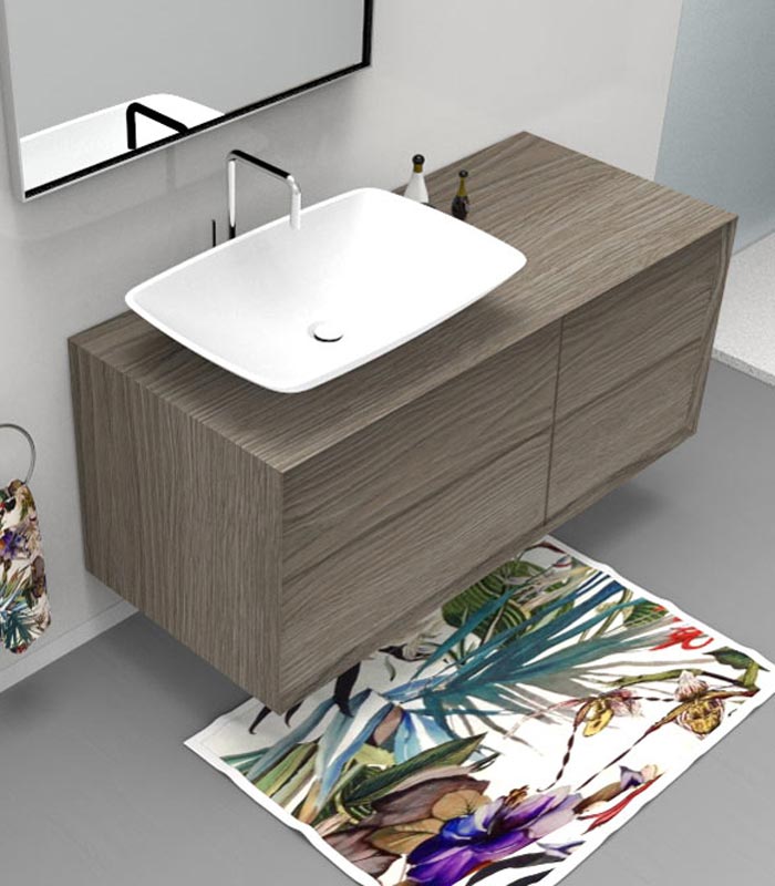 Mobile bagno sospeso moderno con 2 + 2 cassettoni con lavabo in appoggio a sinistra
