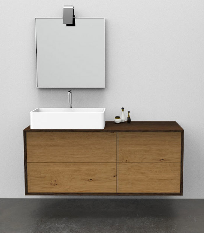 Mobile bagno sospeso moderno con 2 + 2 cassettoni con lavabo in appoggio a sinistra